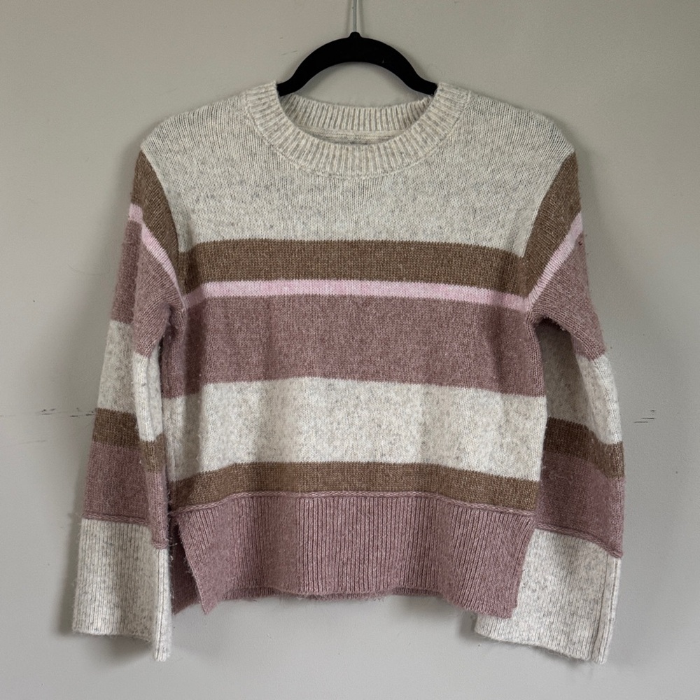 Joie Striped Sweater Small Cream Pink Brown Cropped Side Slit Soft Knit Pullover